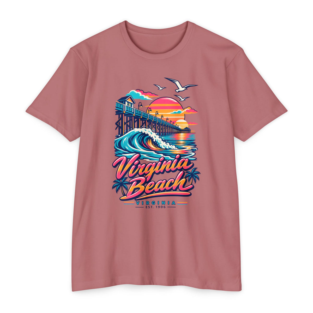Dusty rose t-shirt with colorful Virginia Beach pier wave graphic and seagulls