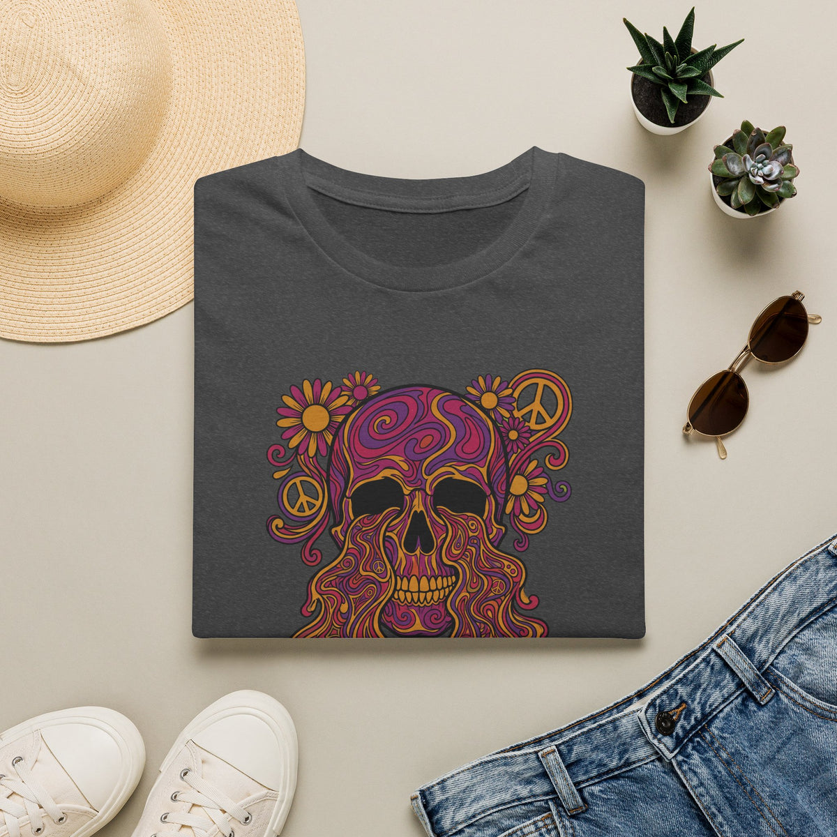 Dark heather gray crew-neck t-shirt with colorful psychedelic skull and peace sign graphic