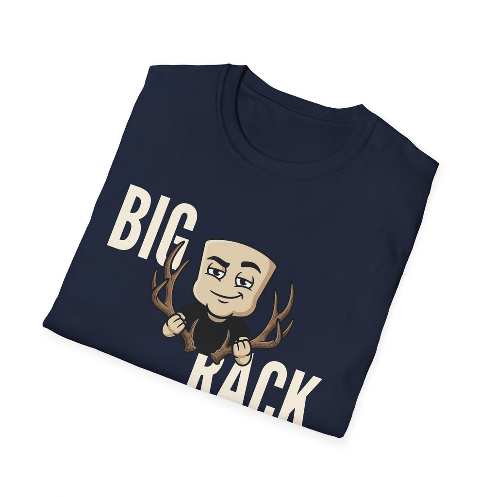 Navy T-shirt with “BIG RACK” graphic and cartoon hunter with antlers
