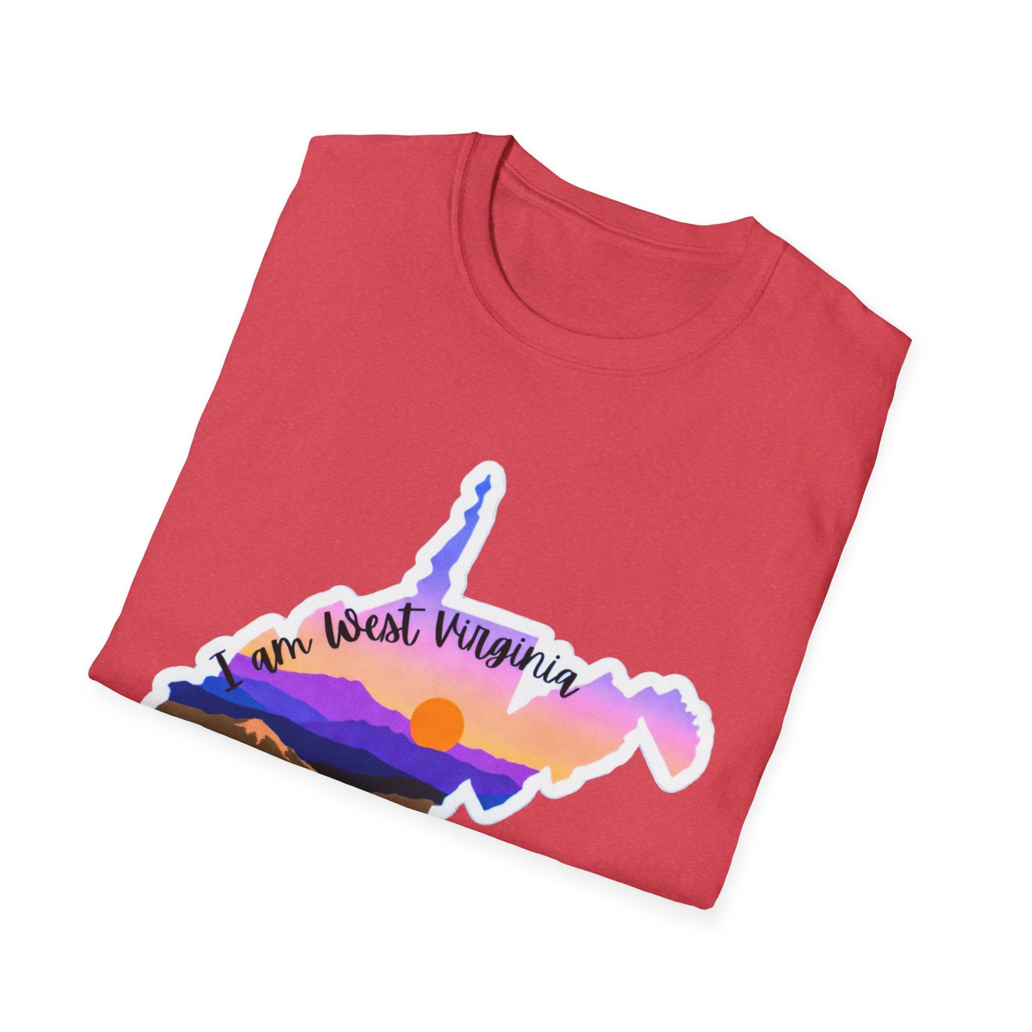 Heather Red T-shirt with West Virginia silhouette, mountain landscape and sunset colors