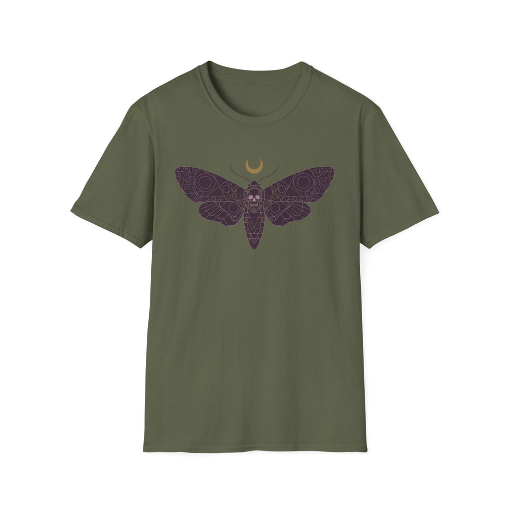 Military green T-shirt with moth skull and crescent moon graphic