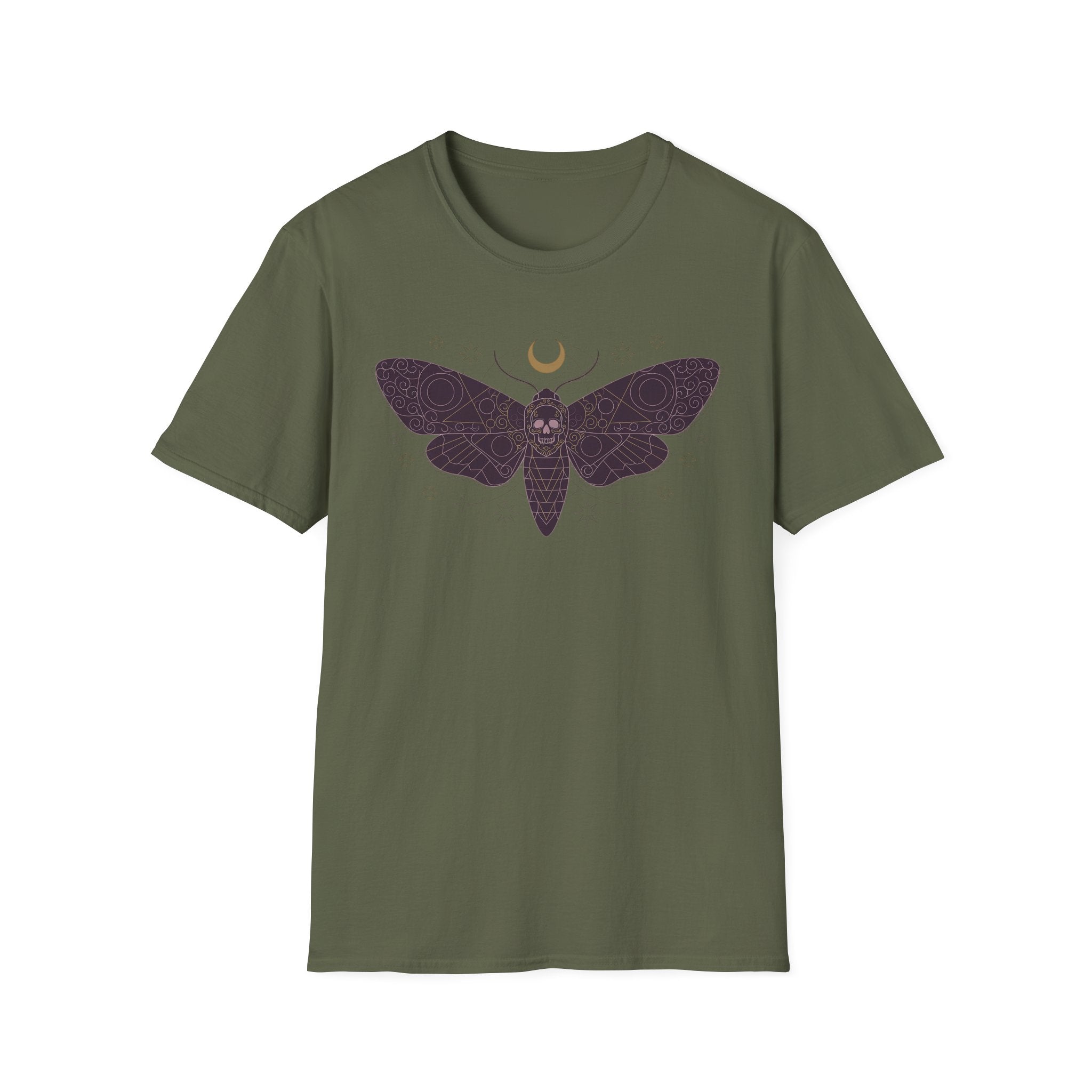 Military green T-shirt with moth skull and crescent moon graphic