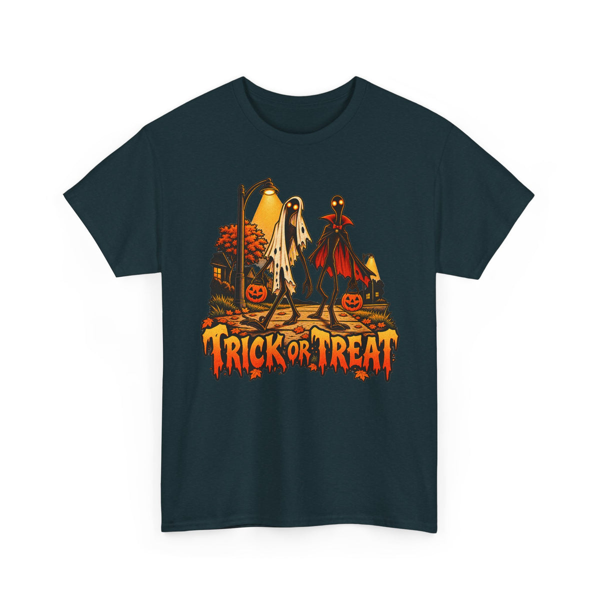 Halloween T-shirt in dark teal with vintage ghost, vampire and 'Trick or Treat' print