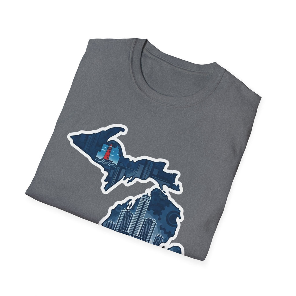 I Am Michigan map graphic T-shirt, heather gray with blue skyline map graphic