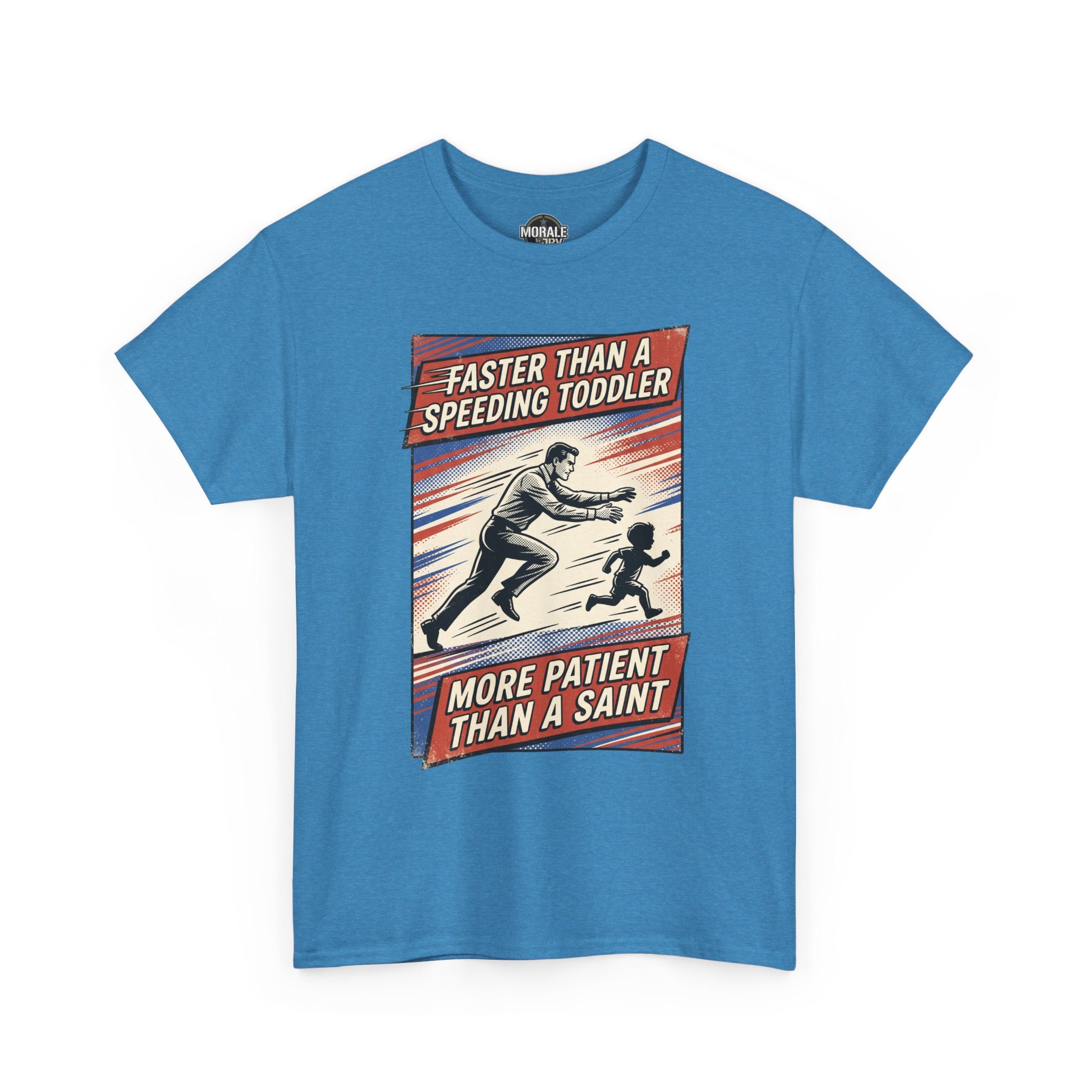 Blue heather T-shirt with retro graphic and two-figure illustration