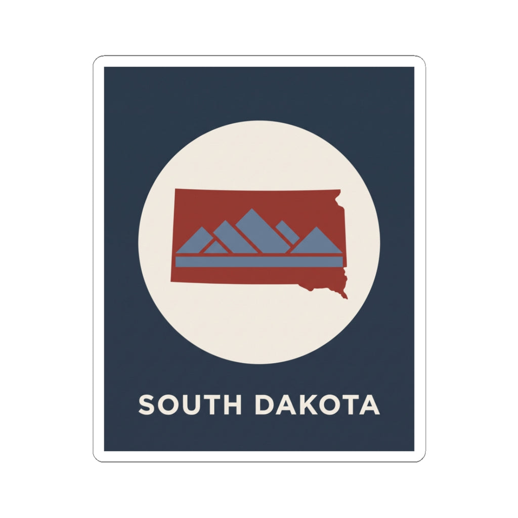 South Dakota map badge sticker with red state outline, blue mountains, and SOUTH DAKOTA text