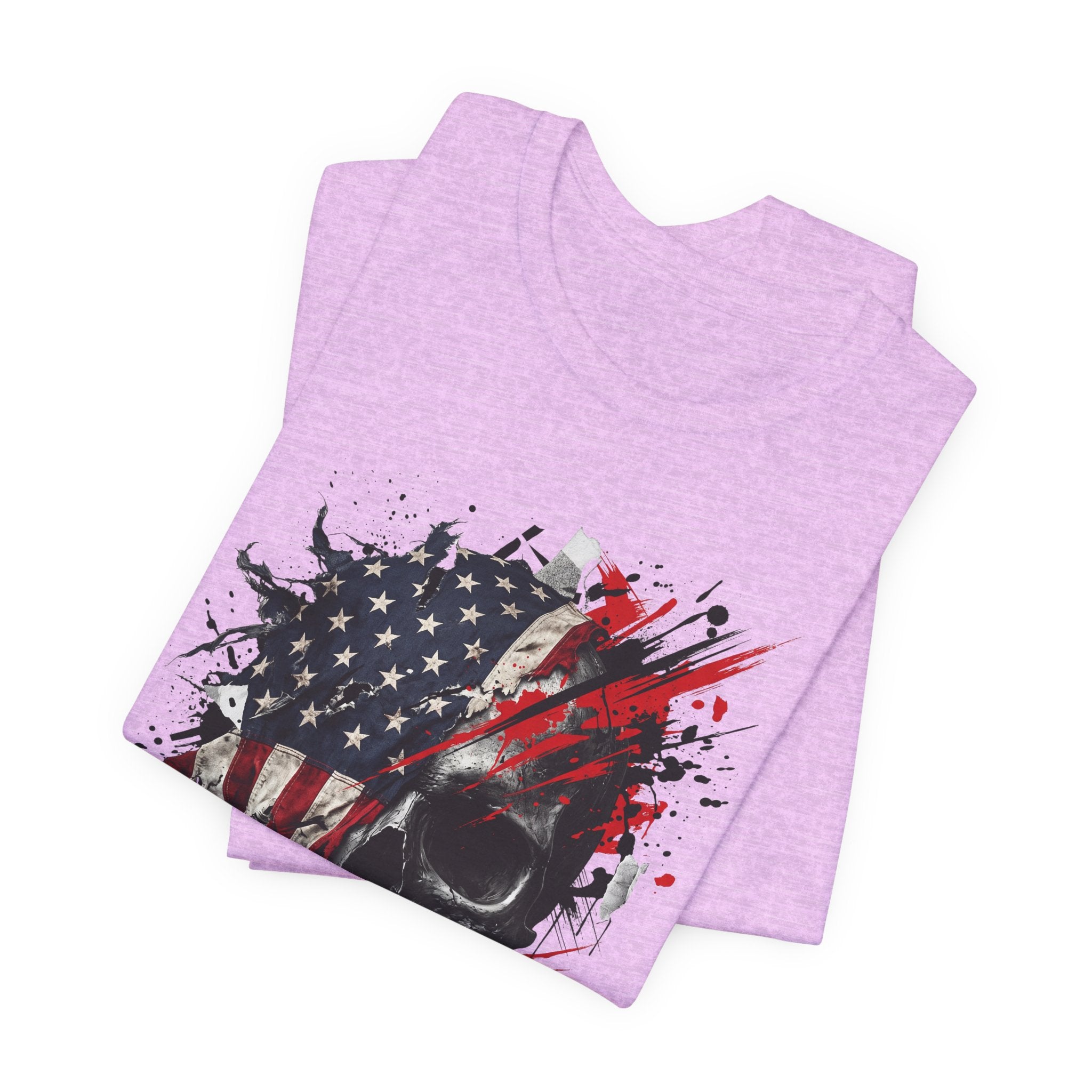 Purple crewneck T-shirt with American flag skull graphic and red/black splatter