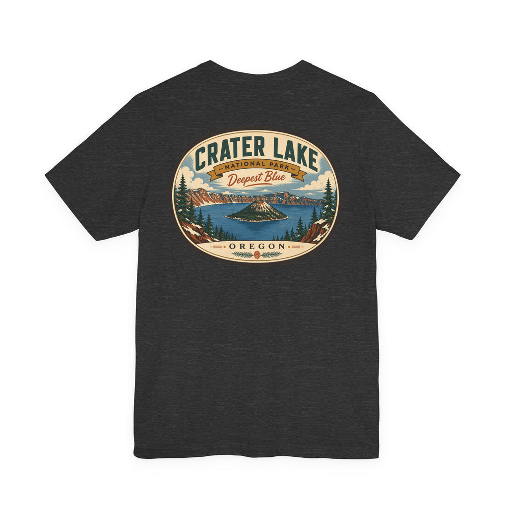 Black t-shirt with Crater Lake Oregon circular lake scenery graphic
