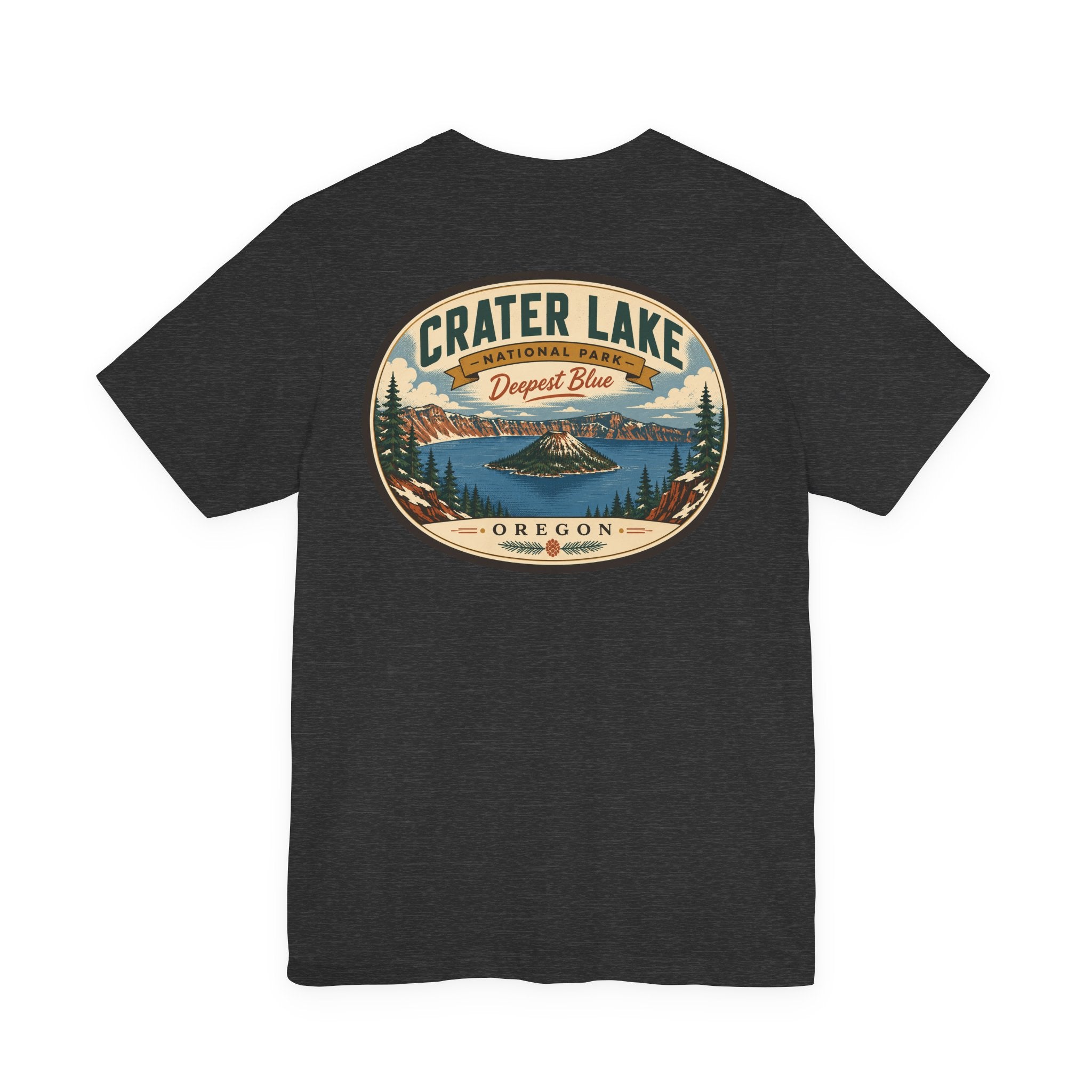 Black t-shirt with Crater Lake Oregon circular lake scenery graphic