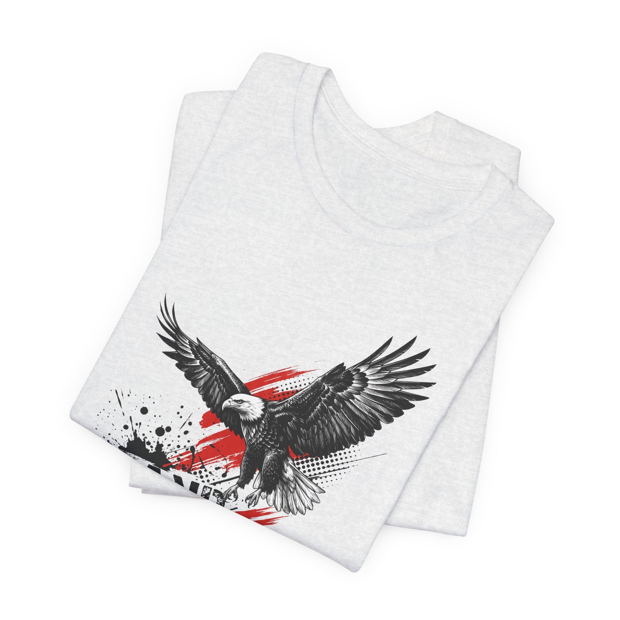 Heather gray crewneck t-shirt with eagle graphic and distressed flag-style stripes