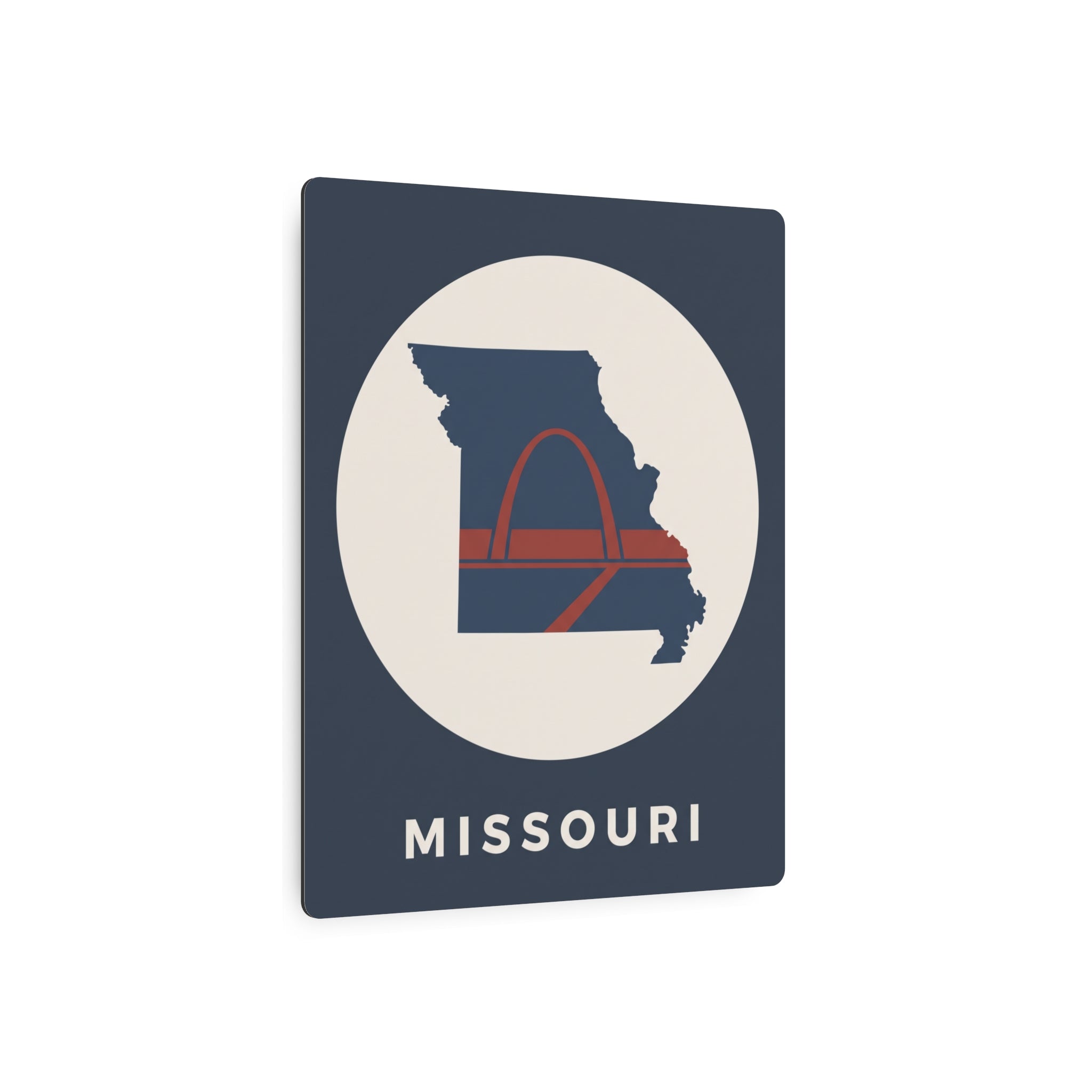 Missouri metal map art sign, blue square with circular state outline and MISSOURI