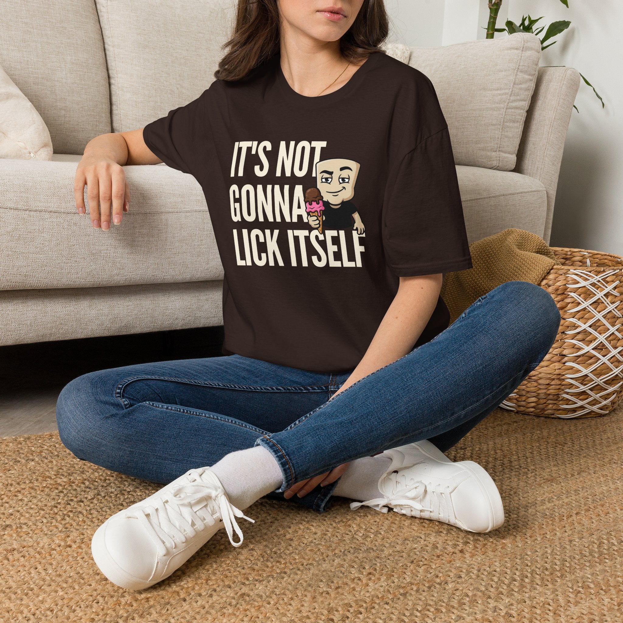 Dark brown T-shirt with front text and cartoon ice cream character graphic