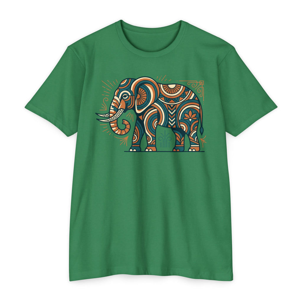 Green T-shirt with colorful elephant graphic on the chest, crew neck, short sleeves.