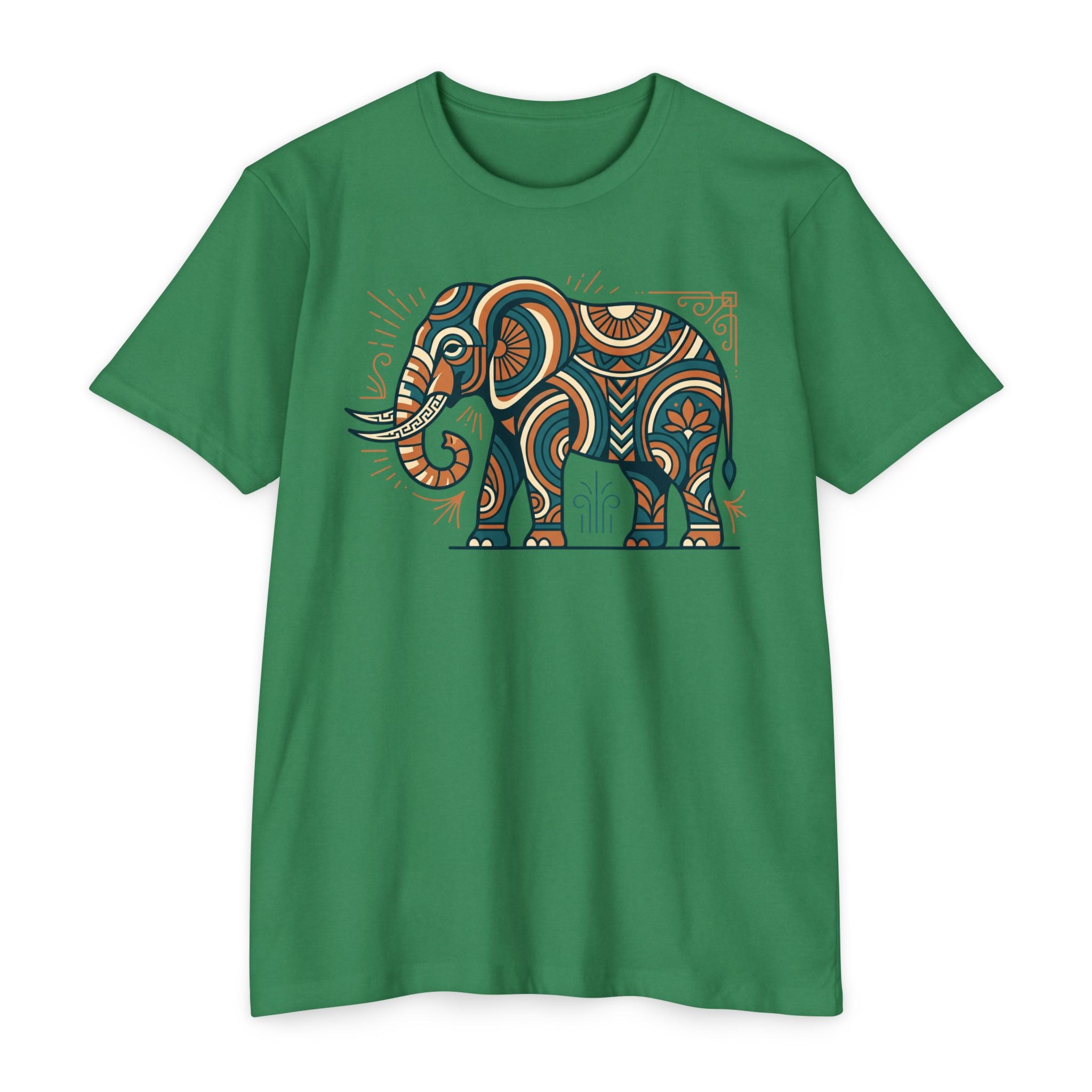 Green T-shirt with colorful elephant graphic on the chest, crew neck, short sleeves.