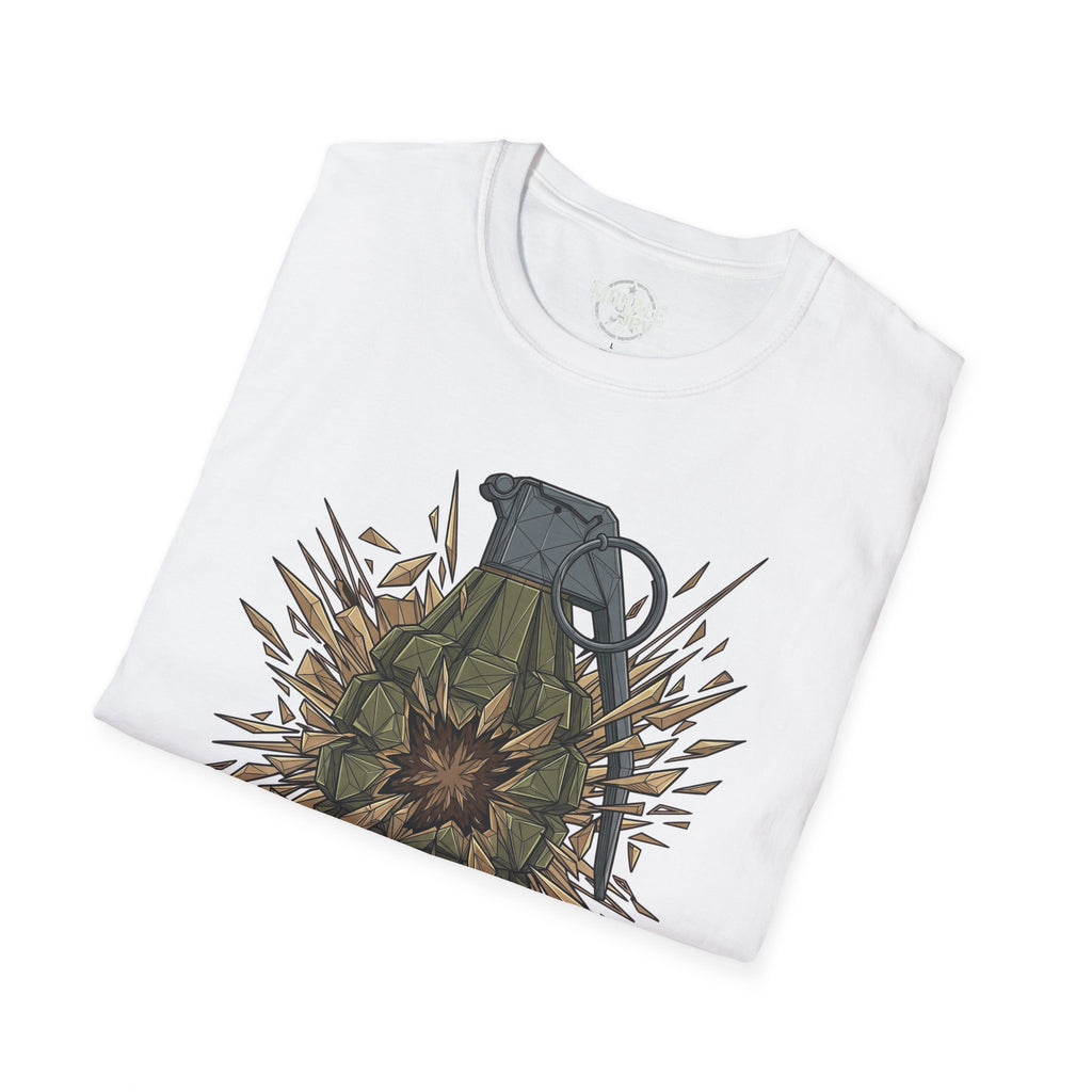 White T-shirt with controlled chaos grenade explosion graphic, folded view