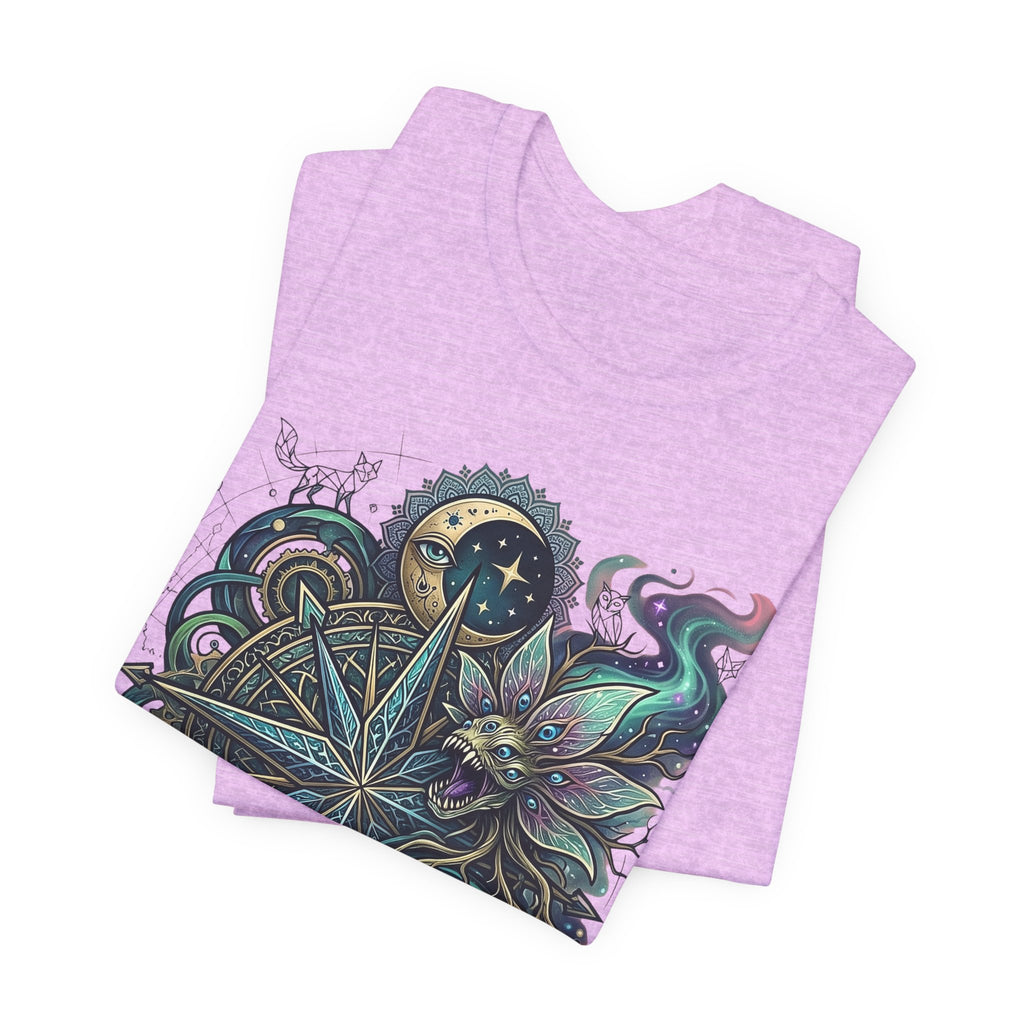 Celestial Compass T-Shirt, lilac heather, colorful celestial compass and wolf graphic