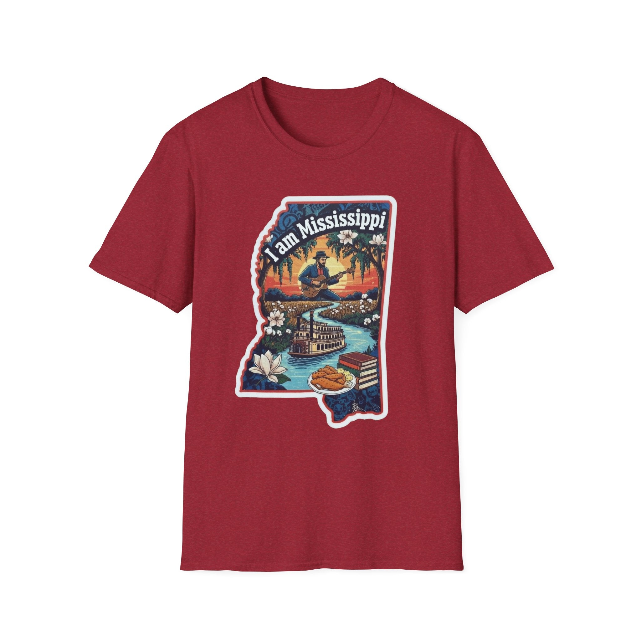 Red I am Mississippi T-shirt featuring state silhouette, riverboat and flowers print