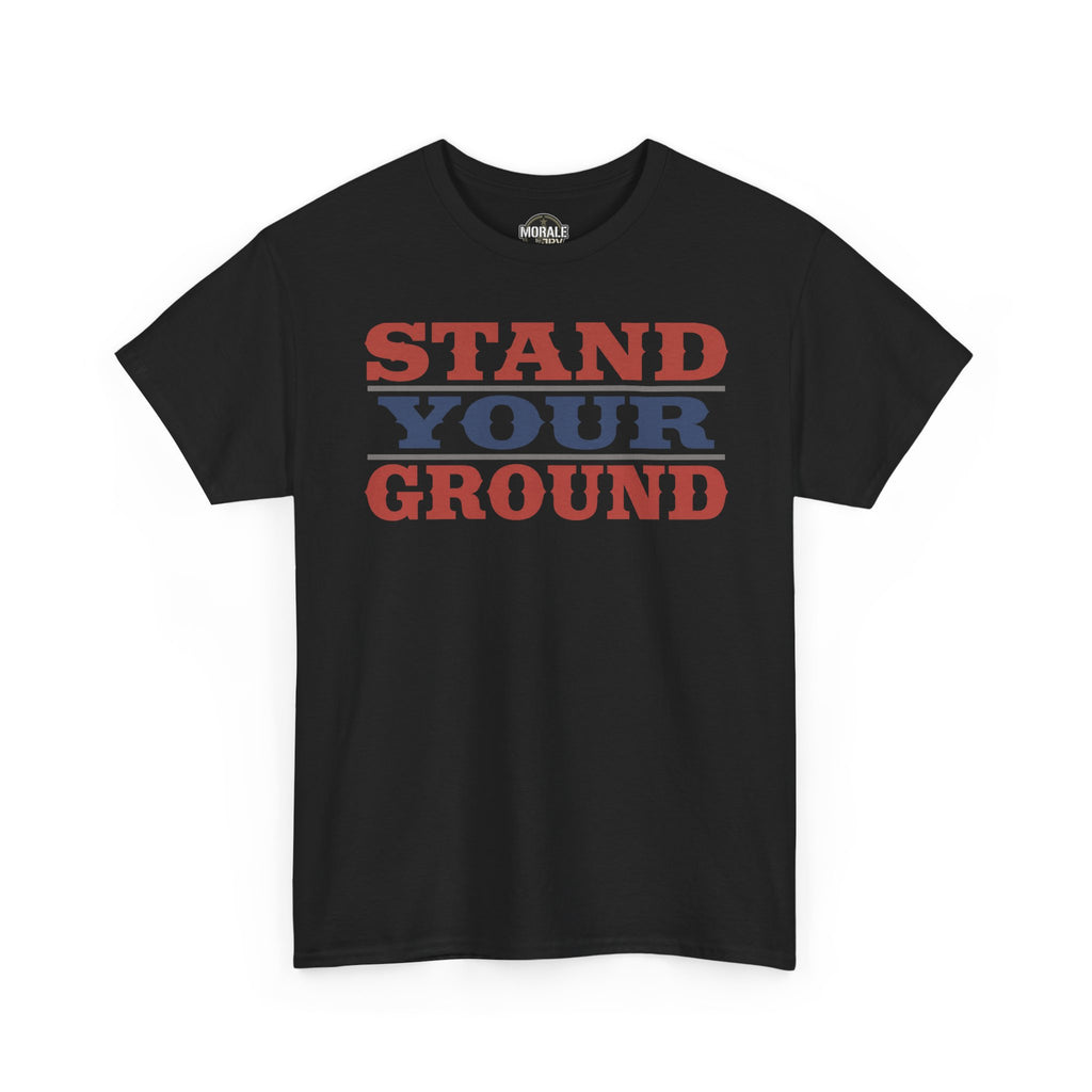 Black crewneck T-shirt with Stand Your Ground graphic text front