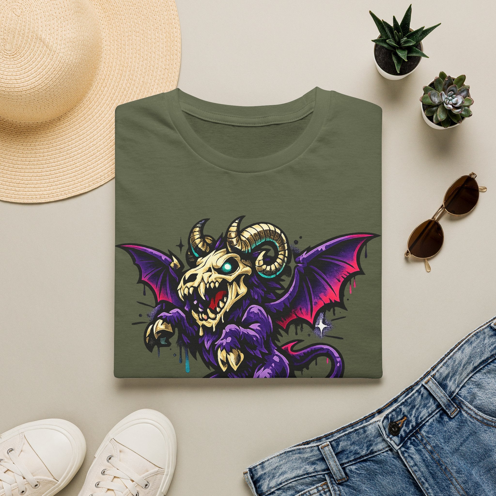 Military green gothic monster T-shirt with purple bat-skull ram creature graphic