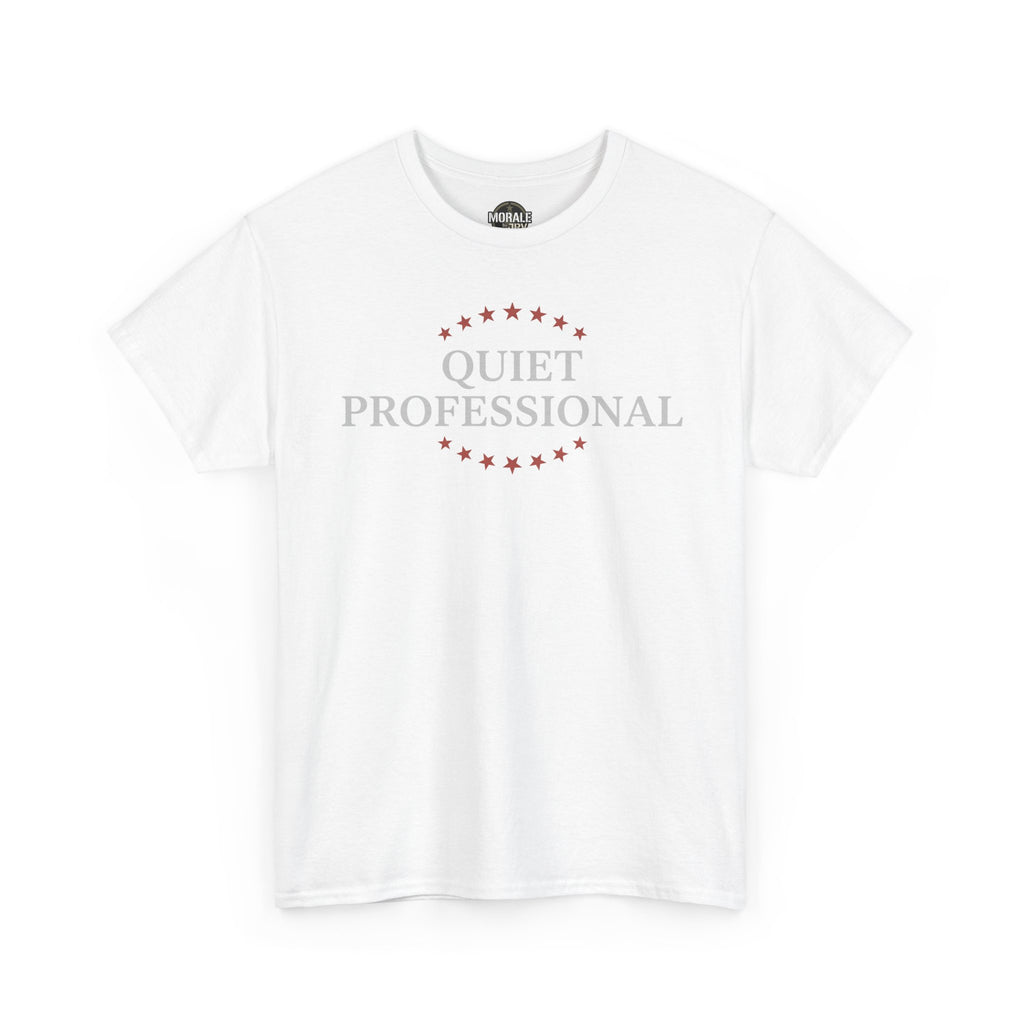White minimalist graphic T-shirt with centered wreath logo print