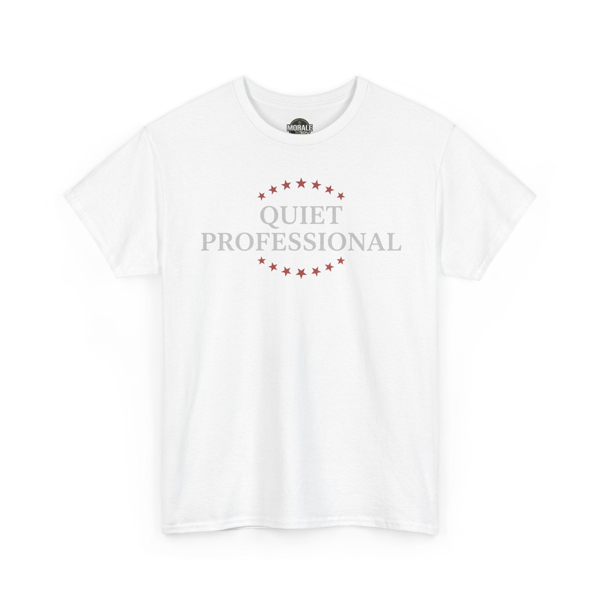 White minimalist graphic T-shirt with centered wreath logo print