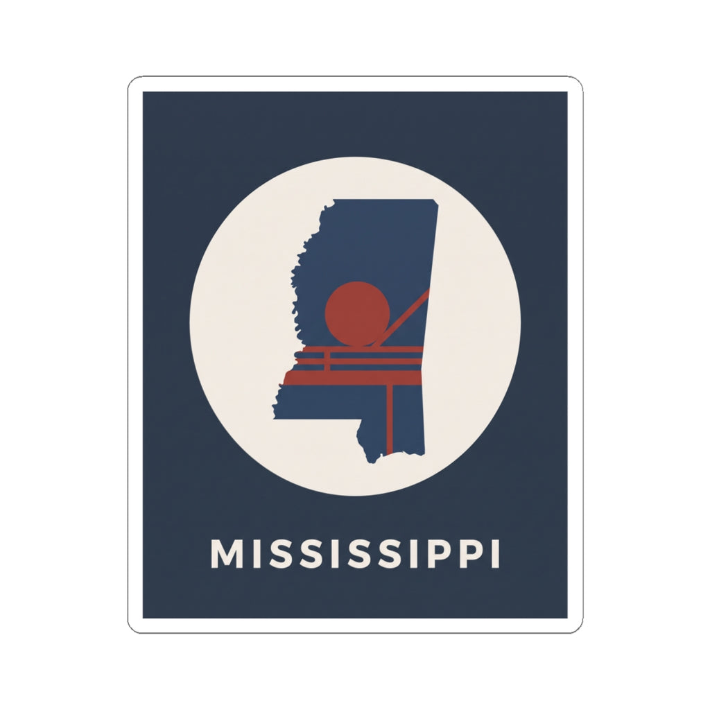 Square Mississippi graphic sticker in navy with white circle and MISSISSIPPI text at bottom