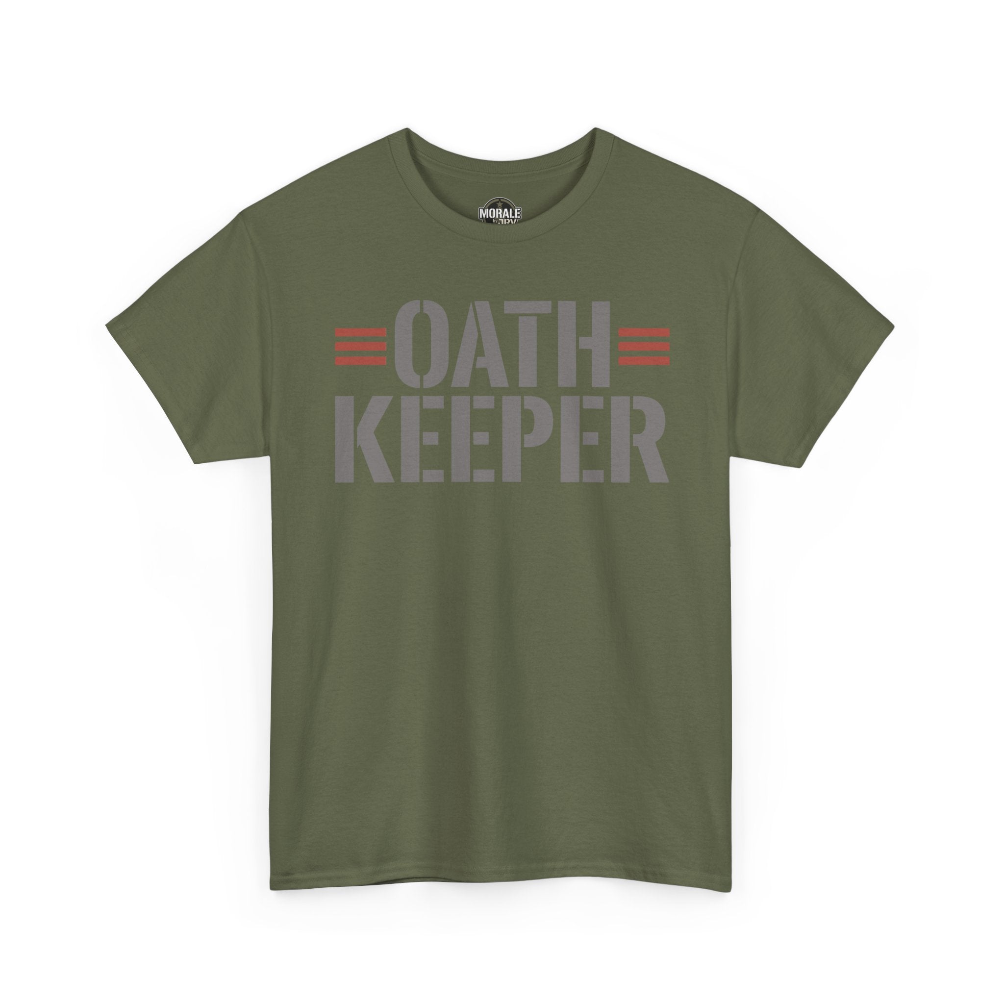 Military green T-shirt with “OATH KEEPER” front graphic and crew neck short sleeves.