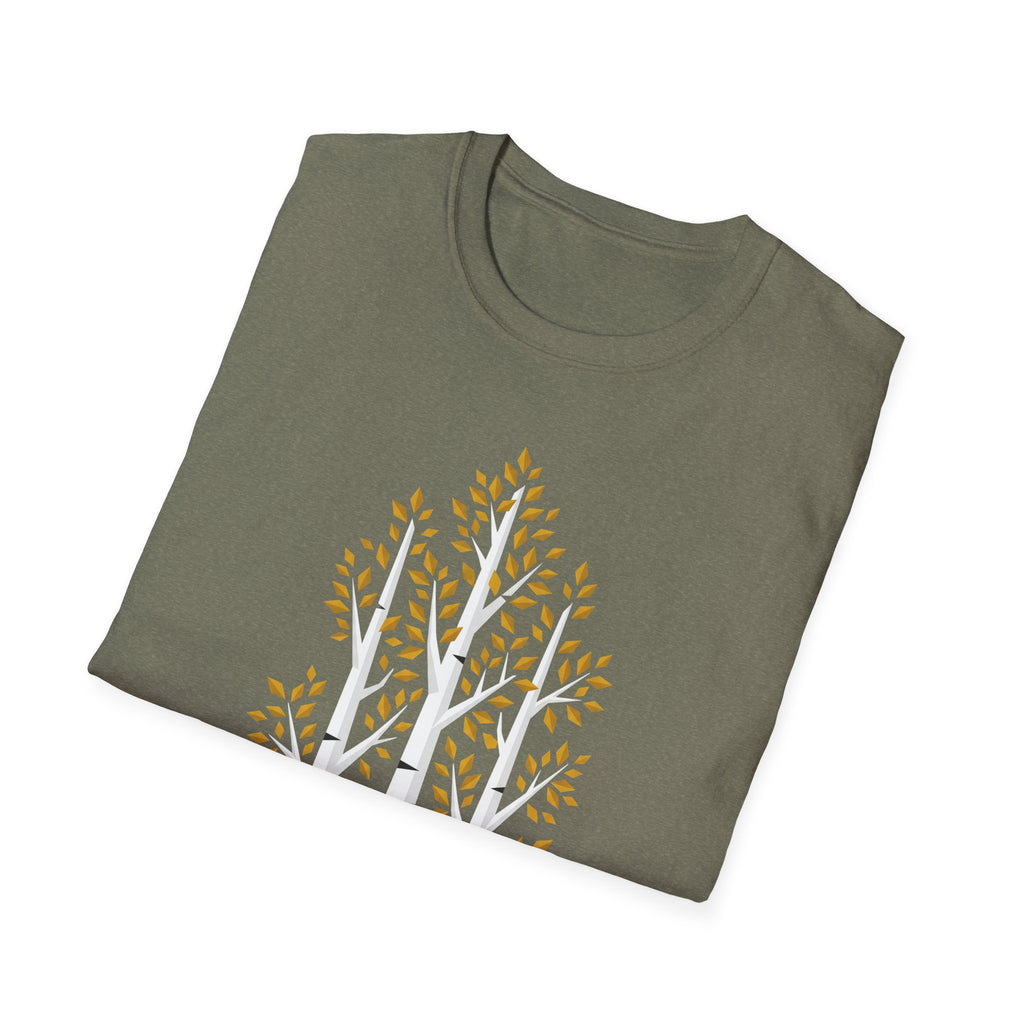 Olive green T-shirt with birch tree forest graphic: white trunks and gold leaves