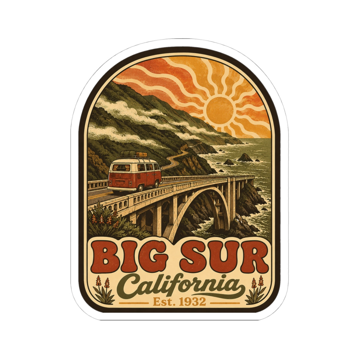 Kiss-cut Big Sur California sticker showing vintage camper van on a coastal bridge with sun and “Est. 1932”.