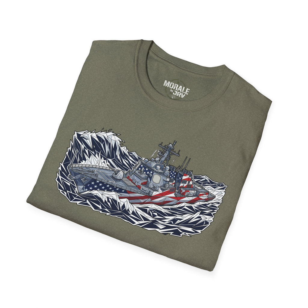 American flag battleship T-shirt on heather military green tee with navy ship graphic and stars stripes