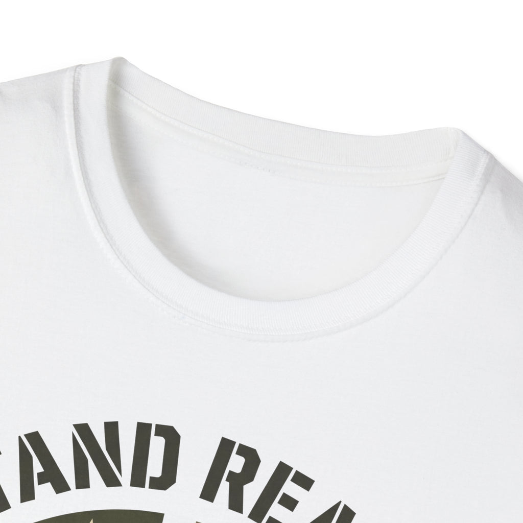 White crew-neck T-shirt with partial “STAND RE…” lettering at the chest