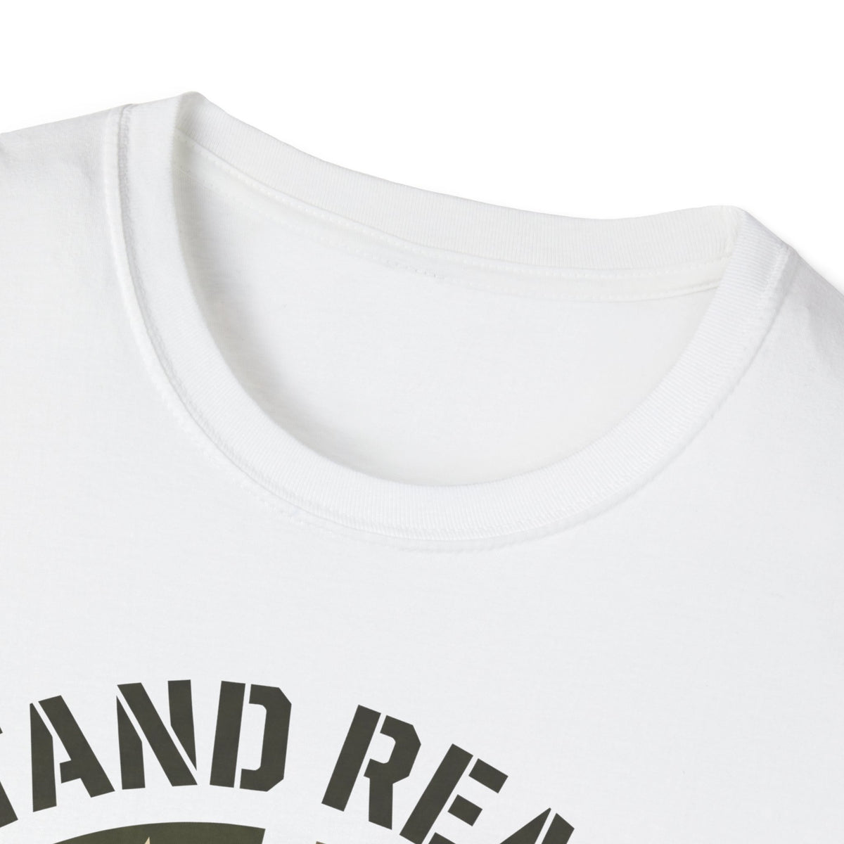 White crew-neck T-shirt with partial “STAND RE…” lettering at the chest