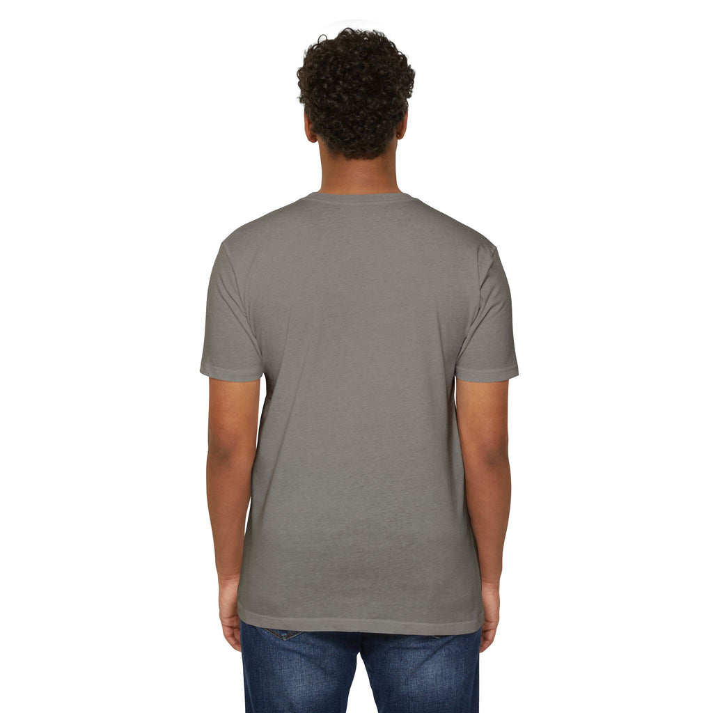 Gray crewneck T-shirt with short sleeves, plain back view.