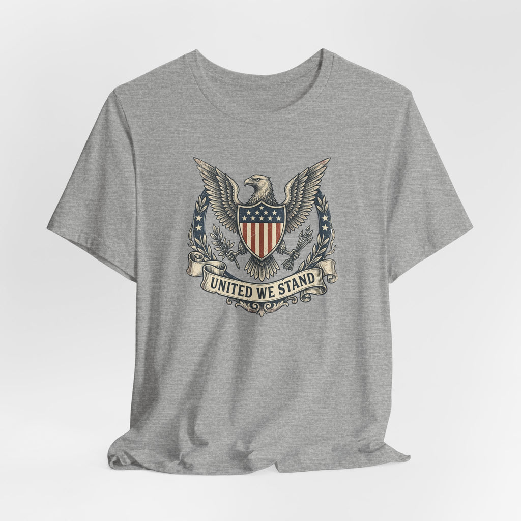 Heather gray crewneck T-shirt with United We Stand shield-and-eagle graphic on front