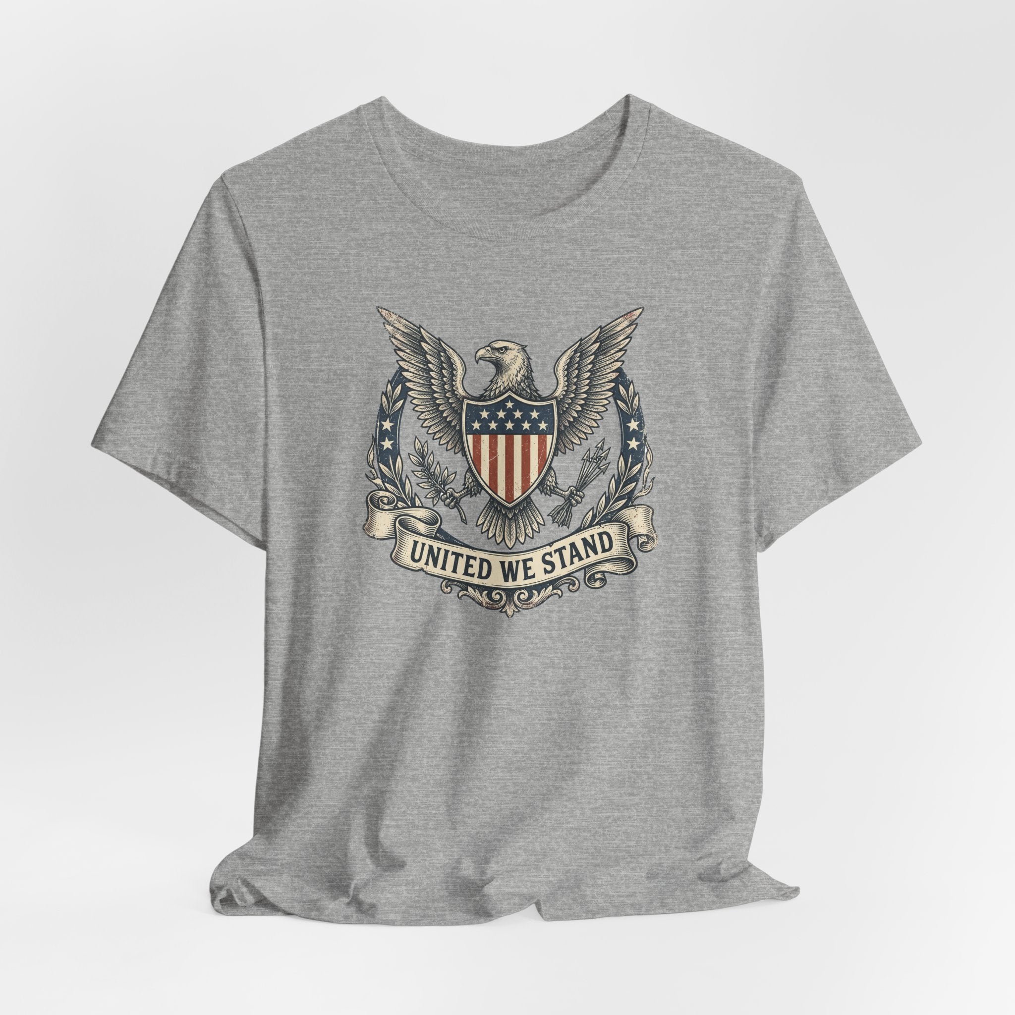 Heather gray crewneck T-shirt with United We Stand shield-and-eagle graphic on front