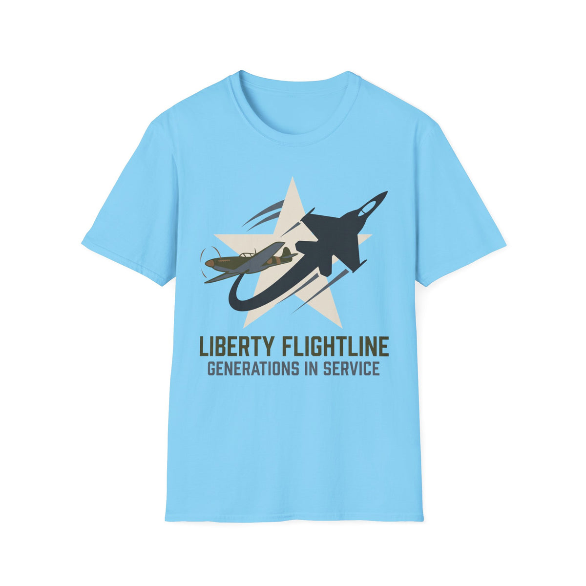 Light blue crewneck t-shirt with jet graphic and “Liberty Flightline Generations in Service” print
