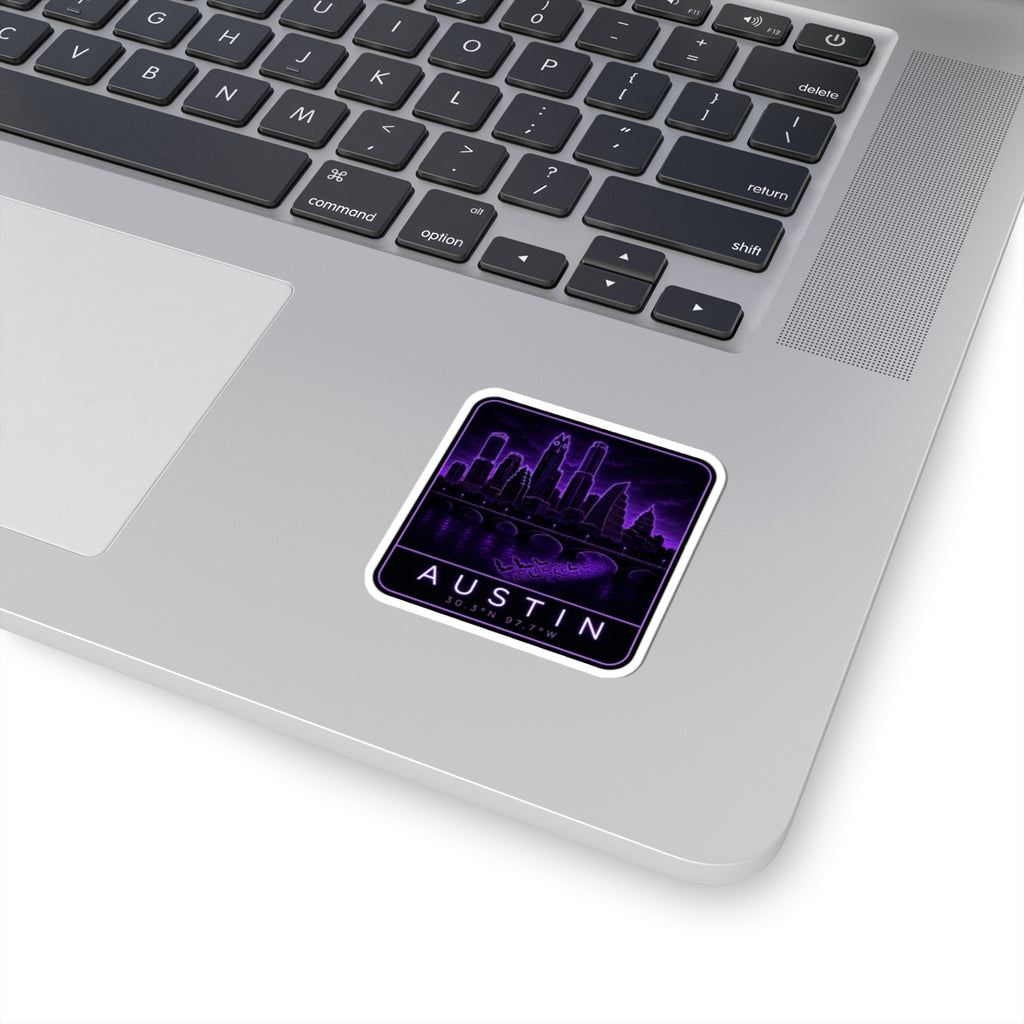 Neon purple Austin skyline sticker with white border and Austin text