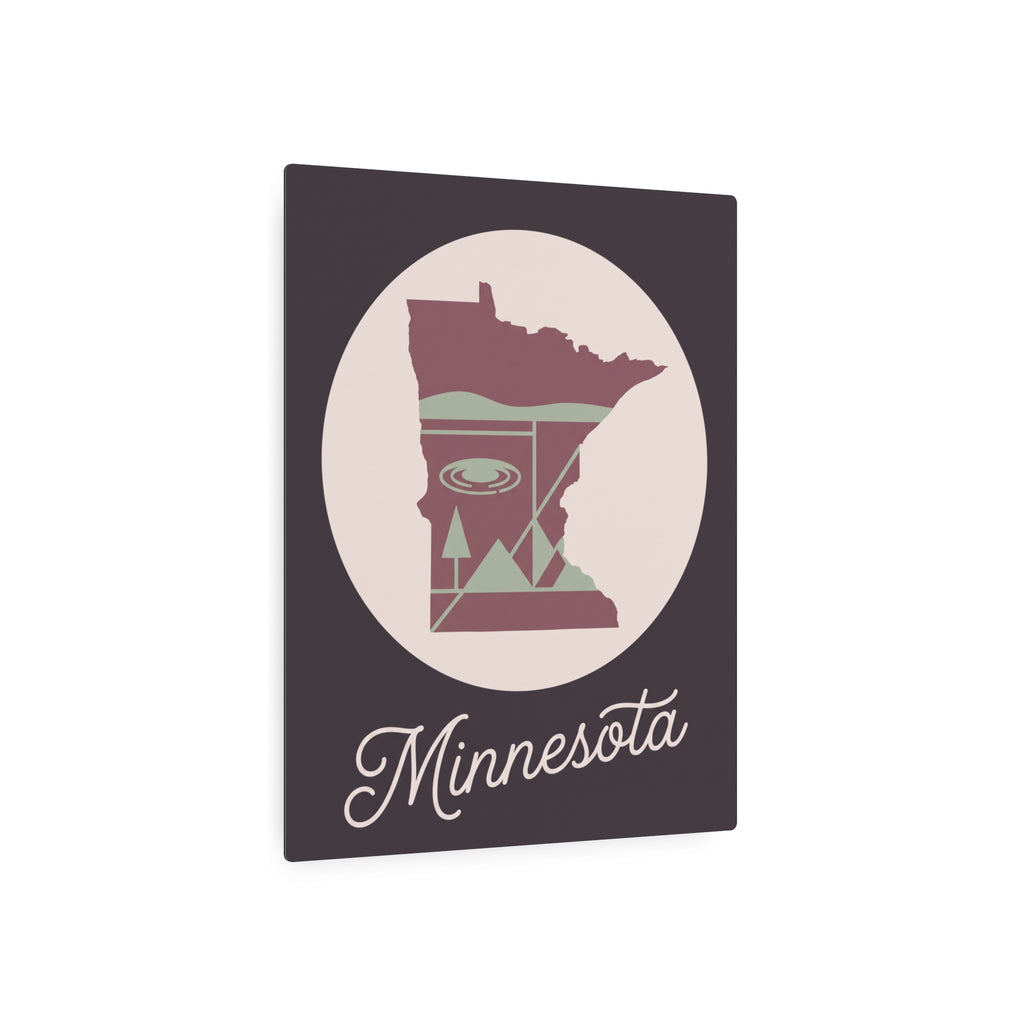 Minnesota metal wall art sign, dark square with circular pink-and-sage state silhouette and white “Minnesota” script.