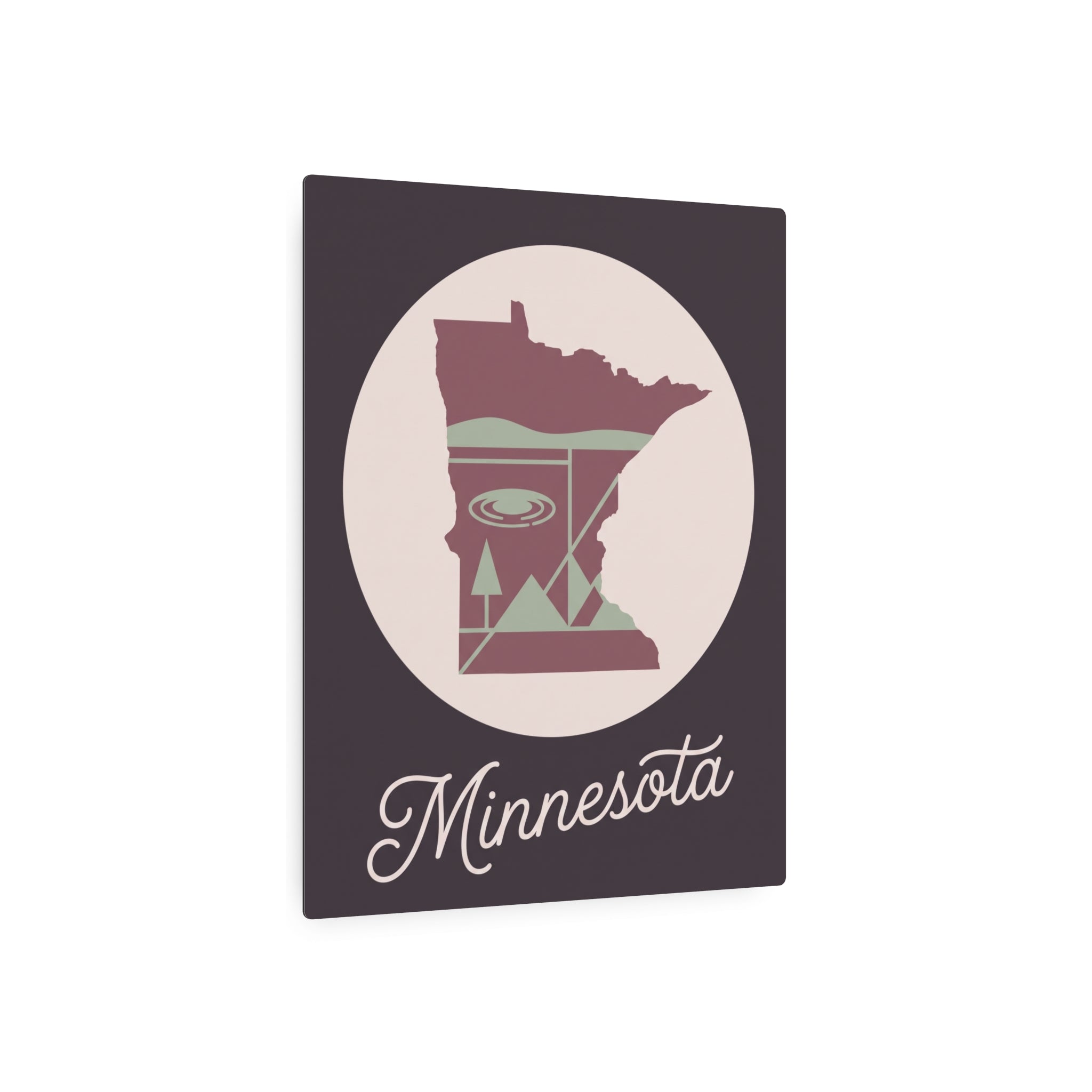 Minnesota metal wall art sign, dark square with circular pink-and-sage state silhouette and white “Minnesota” script.