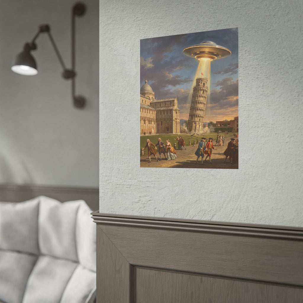 Small wall-mounted sci-fi poster with glowing UFO over Leaning Tower and crowd scene