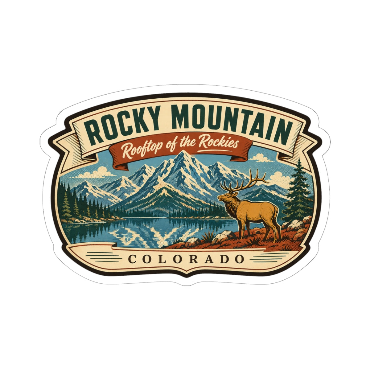 Rounded travel sticker with rocky mountains, lake water, elk, and Rocky Mountain Colorado text