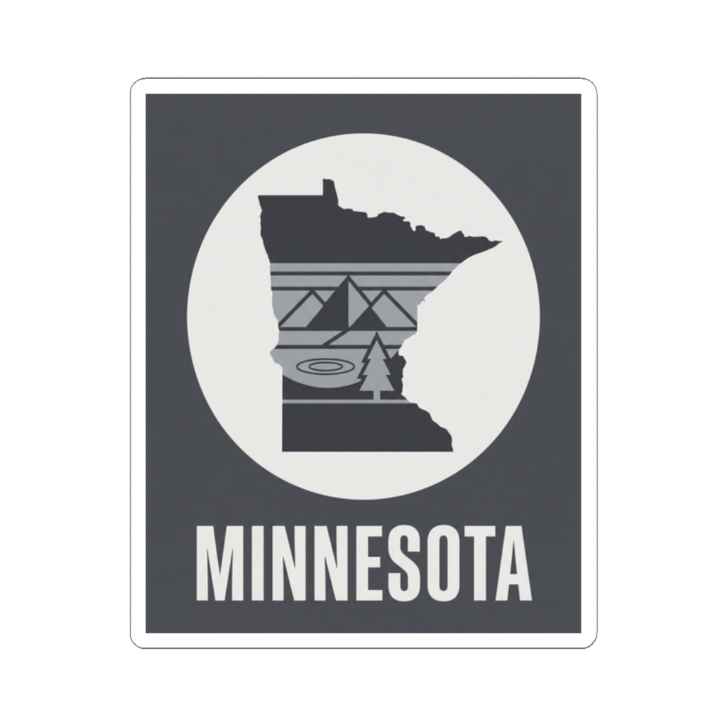 Minnesota state silhouette kiss-cut sticker, circular design with “MINNESOTA” text