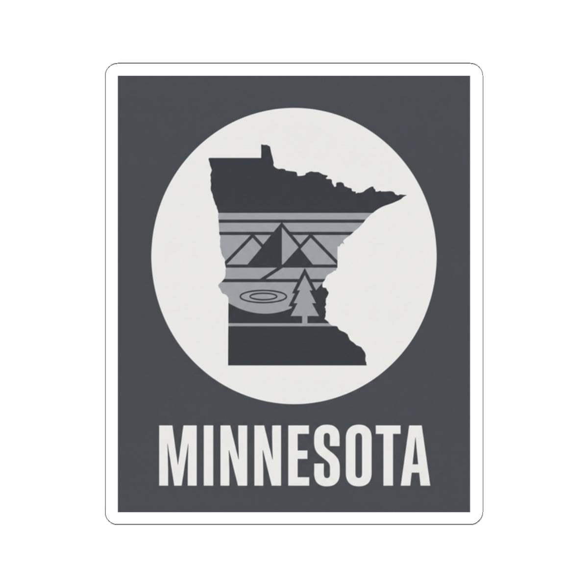 Minnesota state silhouette kiss-cut sticker, circular design with “MINNESOTA” text