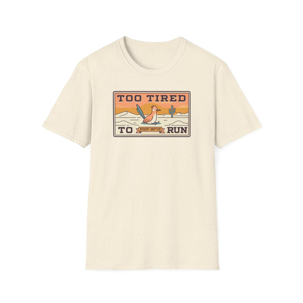 Cream crew-neck T-shirt with desert road runner graphic on chest