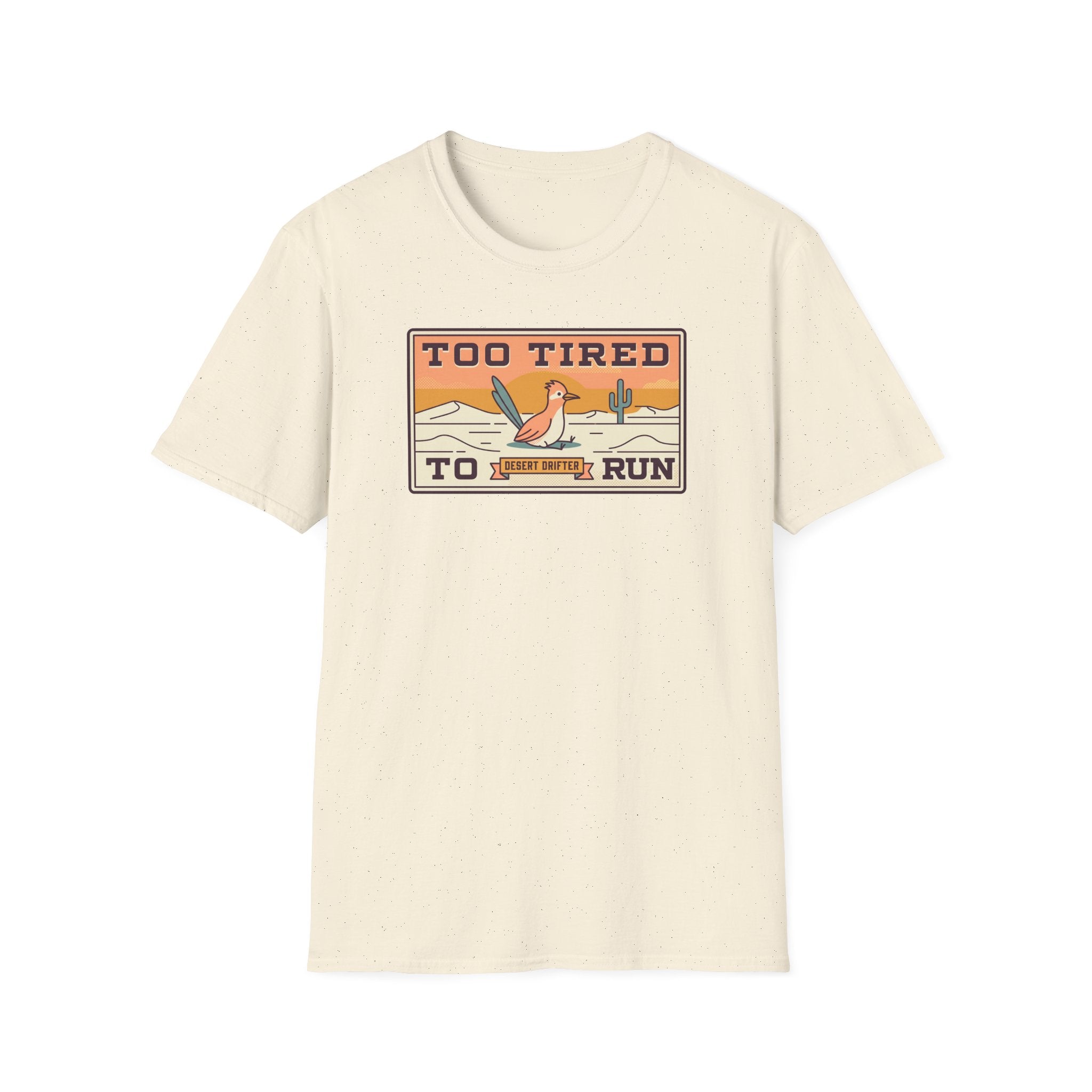 Cream crew-neck T-shirt with desert road runner graphic on chest
