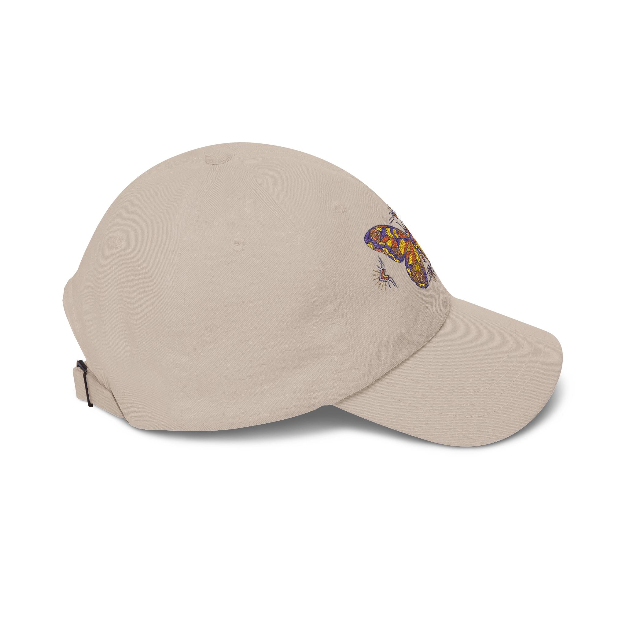 Embroidered dad cap in beige with colorful moth embroidery on the side