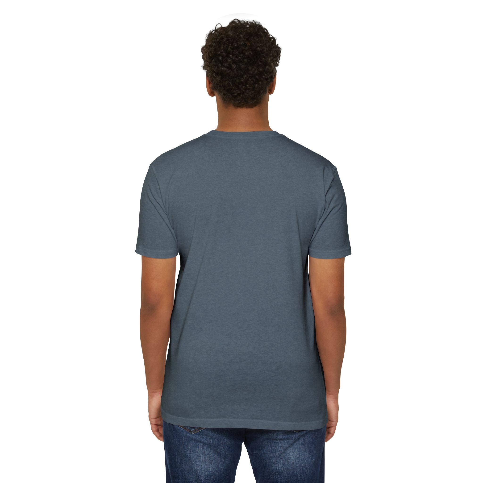 Slate blue crewneck T-shirt, back view with short sleeves