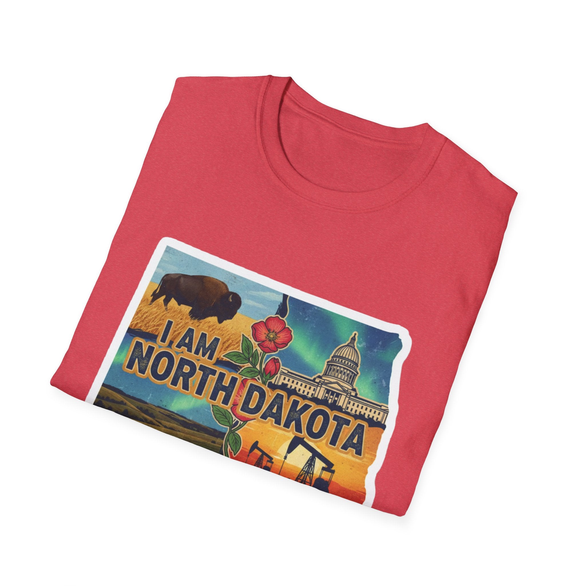 Red T-shirt with I Am North Dakota bison & capitol graphic