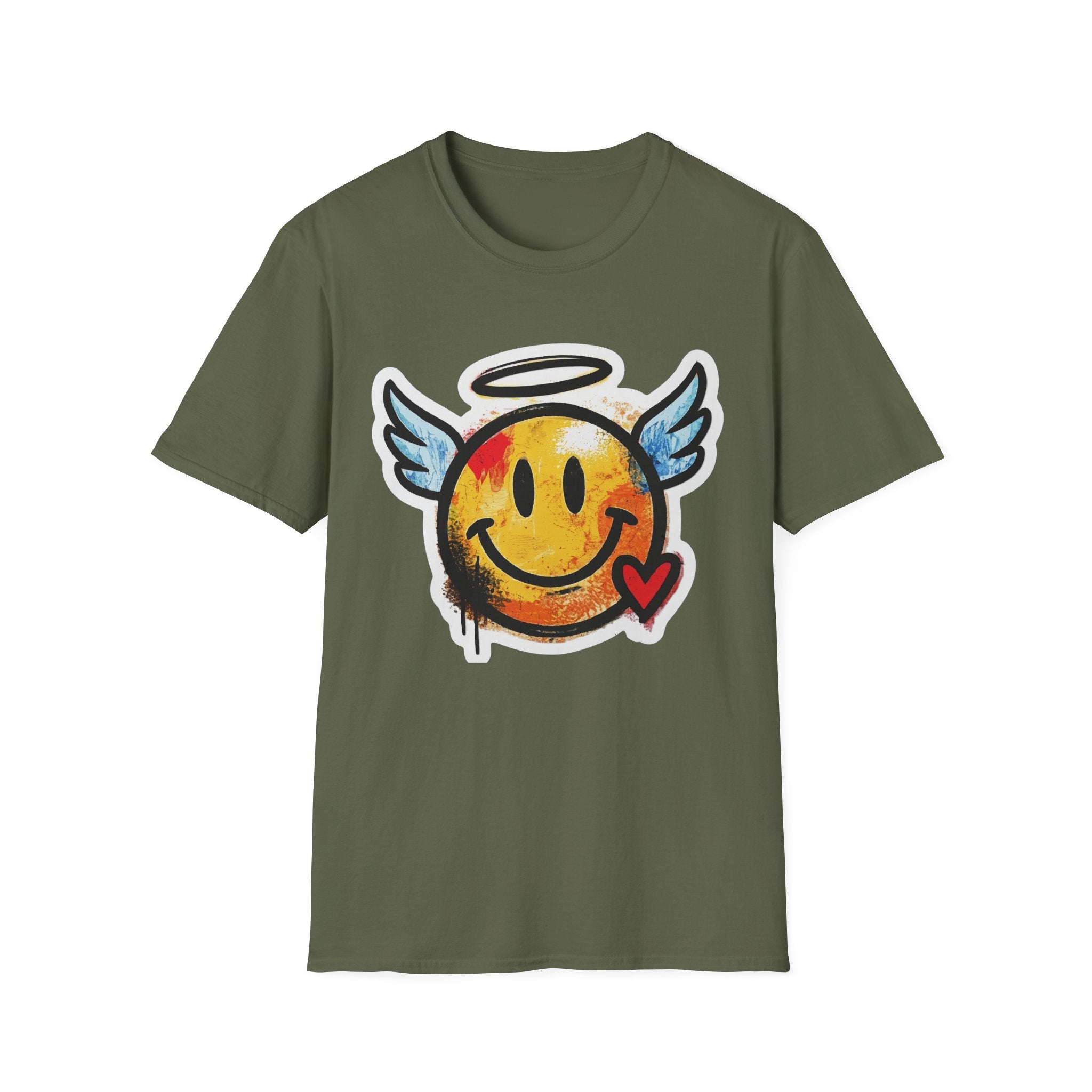 Graffiti Angel Smiley T-Shirt in military green with front angel smiley graphic