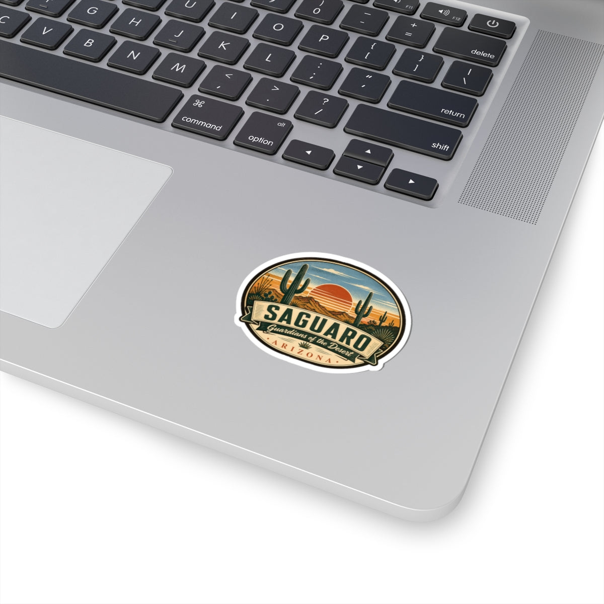 Oval retro travel sticker with Saguaro National Park badge and desert cacti